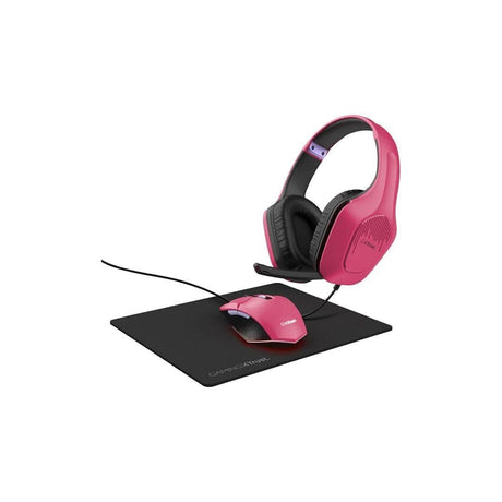 Pink gaming headset and mouse bundle with black cushioned ear pads and matching pink wired mouse on black mouse pad