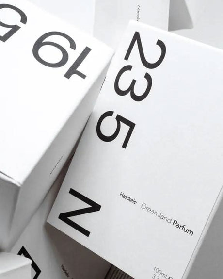 White packaging box for Haeckels Dreamland 235 N Parfum with bold black numbers and simple clean design