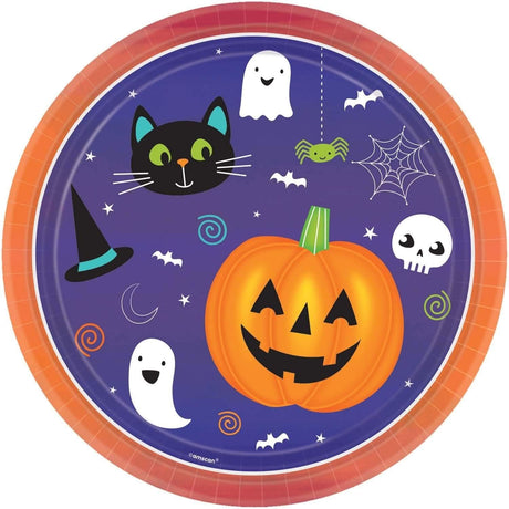 Fancy Dress Halloween paper plates with pumpkin, black cat, ghosts, spider, and witch hat design