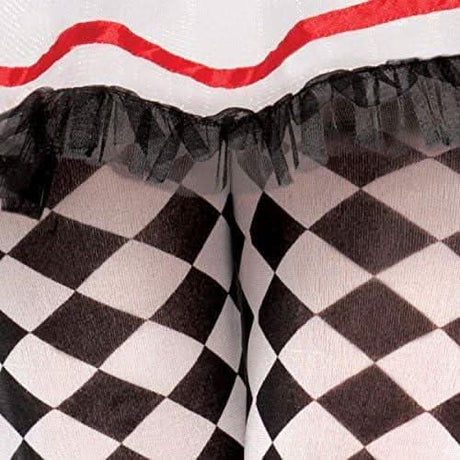 Close-up of black and white diamond pattern tights with black ruffle trim on Harlequin jester costume women