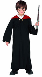 Boy wearing Harry Potter child costume with black robe, red collar, round glasses, and holding a wand