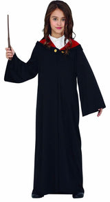 Girl wearing Harry Potter child costume with black robe and red hood holding a magic wand