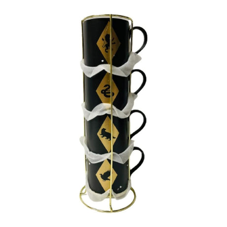Harry Potter stacking mugs in black with gold house crests stacked on a metal stand