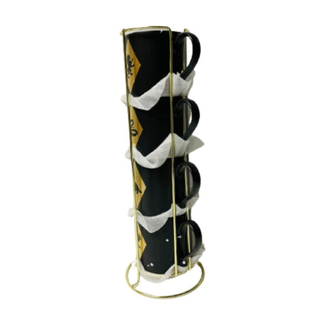 Set of black Harry Potter stacking mugs with gold house crests held in a gold metal stand