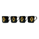 Set of four black Harry Potter stacking mugs featuring house animal symbols in gold diamond shapes
