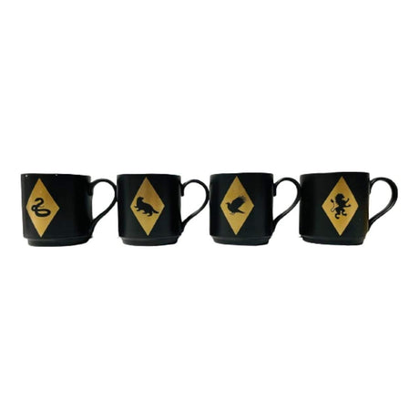 Set of four black Harry Potter stacking mugs featuring house animal symbols in gold diamond shapes