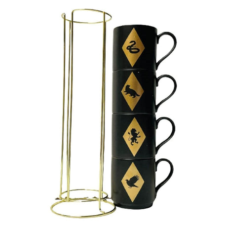 Harry Potter stacking mugs set with black mugs featuring house crests and a gold metal holder