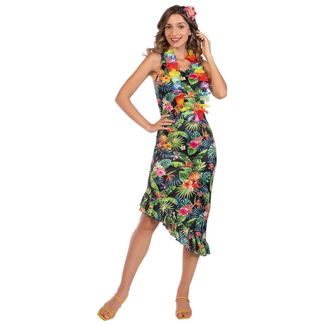 Womens Fancy Dress Hawaii style floral dress with tropical print and colorful flower accessories