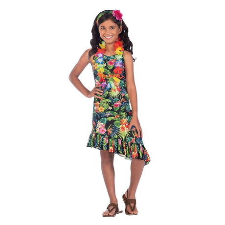 Girl wearing colorful Kids Fancy Dress Hawaiian costume 10-12 years with floral print and headband
