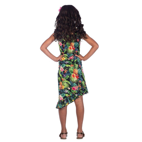 Girl wearing Kids Fancy Dress Hawaiian costume 10-12 years with tropical floral print and ruffled hem