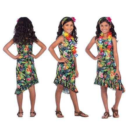 Girl wearing colorful Hawaiian costume 10-12 years with floral print and ruffle hem from Kids Fancy Dress
