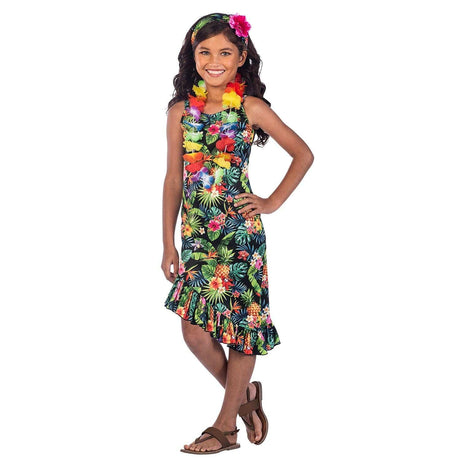Girl wearing colorful Kids Fancy Dress Hawaiian costume 10-12 years with floral pattern and accessories