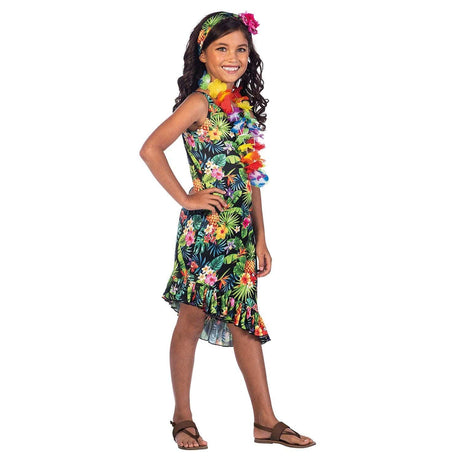 Girl wearing a colorful Kids Fancy Dress Hawaiian costume 10-12 years with floral print and accessories