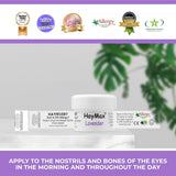 HayMax Lavender organic allergen barrier balm container and packaging with awards shown