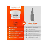 HayMax organic allergen barrier balm showing natural and non-drowsy benefits compared to nasal spray