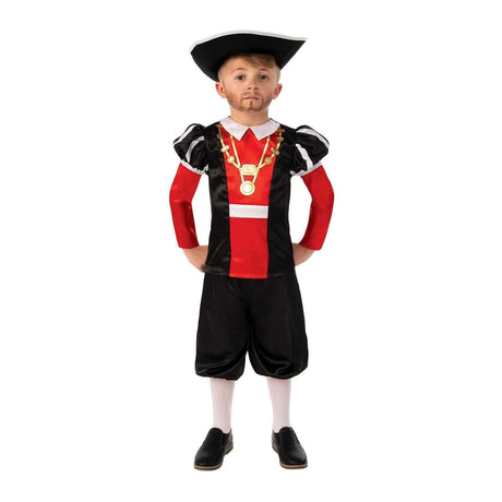 Child wearing a Henry VIII kids costume with red and black outfit and gold necklace by CLICKK Home Store