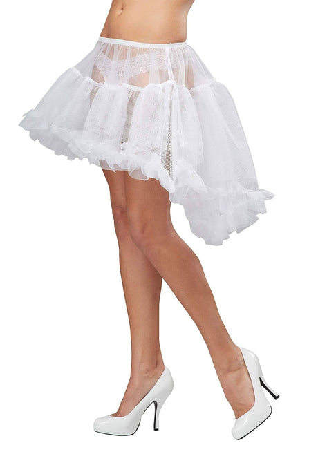 Fancy Dress white hi-lo pettiskirt accessory with lace and ruffles worn with white high heels