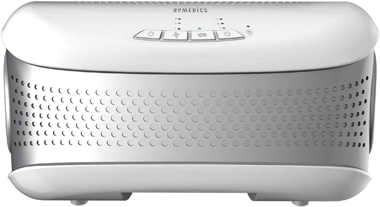 Homedics desktop air purifier HEPA filter with sleek white and gray design and control buttons on top