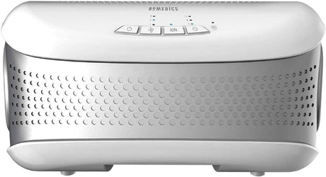 Homedics desktop air purifier HEPA filter with sleek white and gray design and control buttons on top