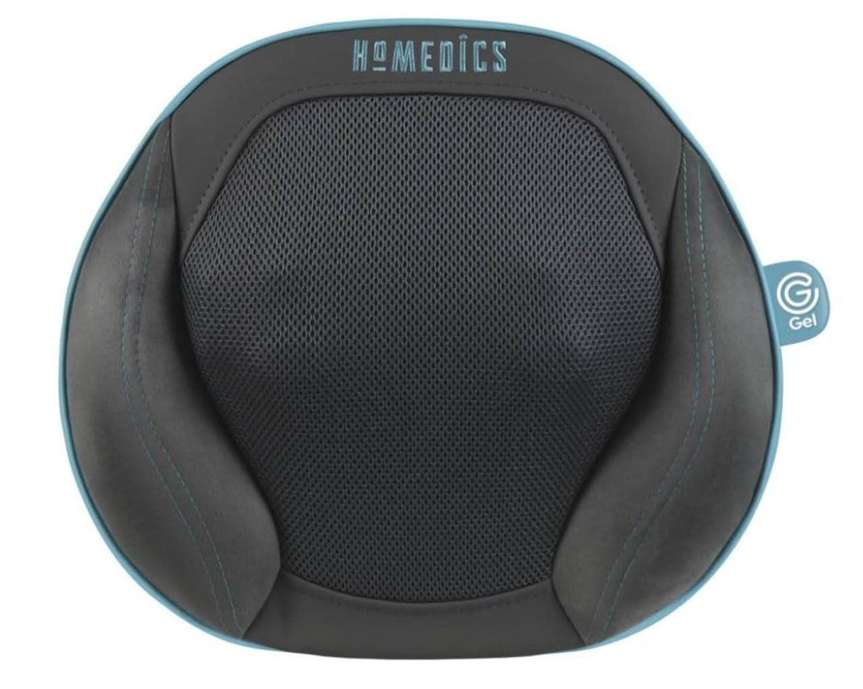 Homedics Gel Massage Pillow in black with blue trim designed for soothing muscle relief