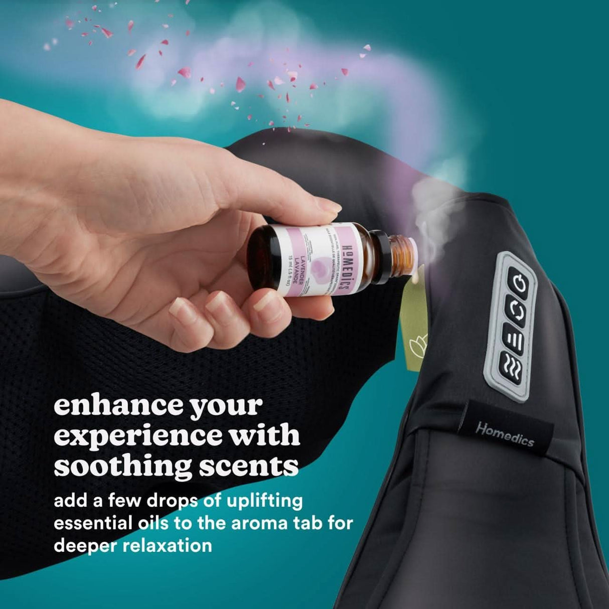 Homedics neck massager with aroma tab releasing soothing essential oil scents for relaxation