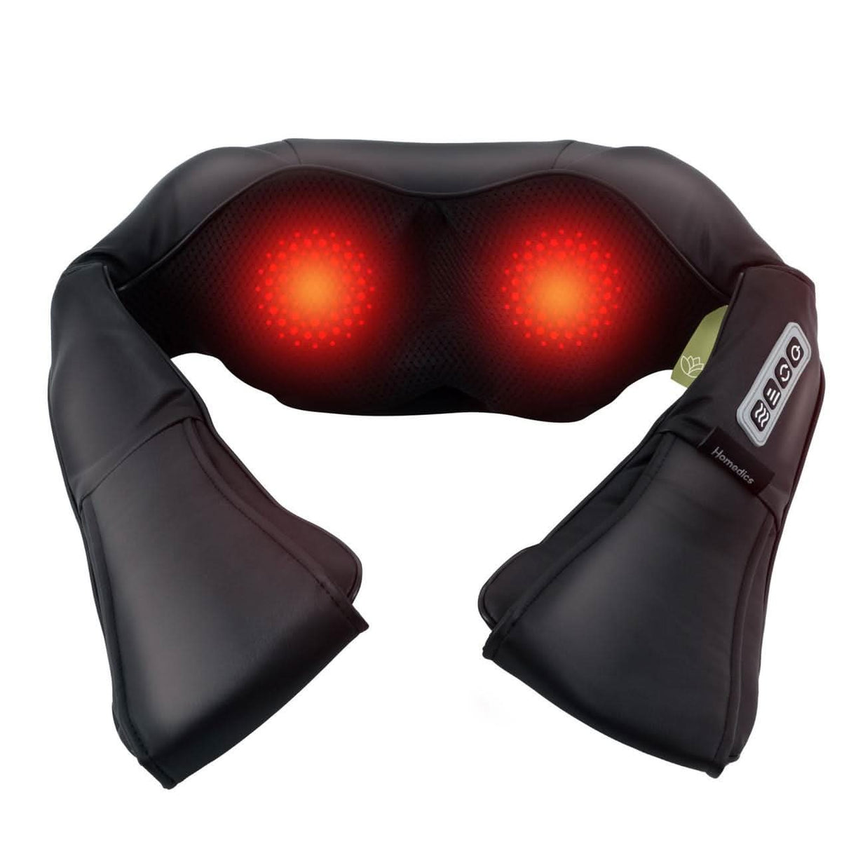 Homedics neck massager in black with glowing heat nodes and ergonomic design for shoulder and neck relief