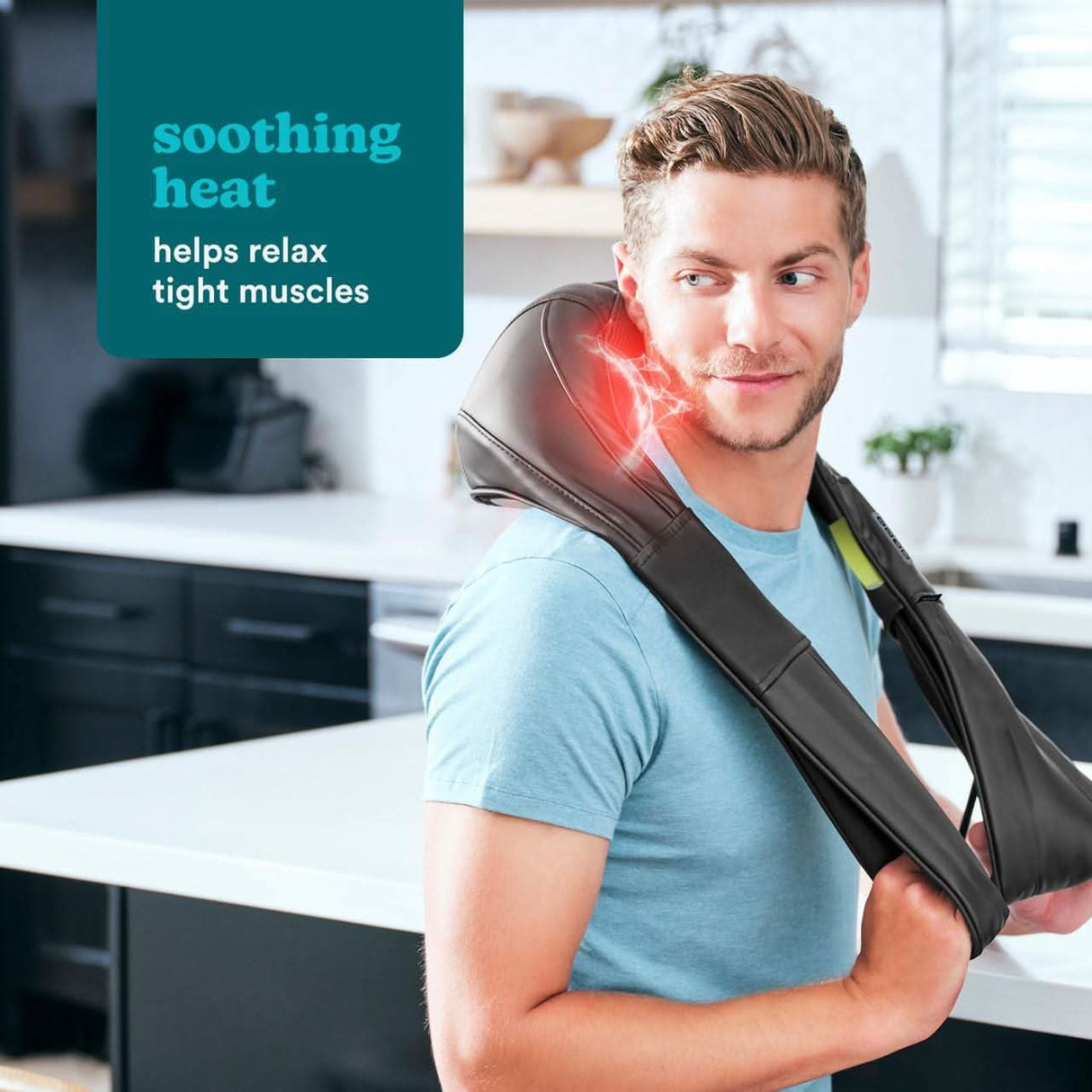Man using Homedics neck massager with soothing heat to relax tight muscles at home