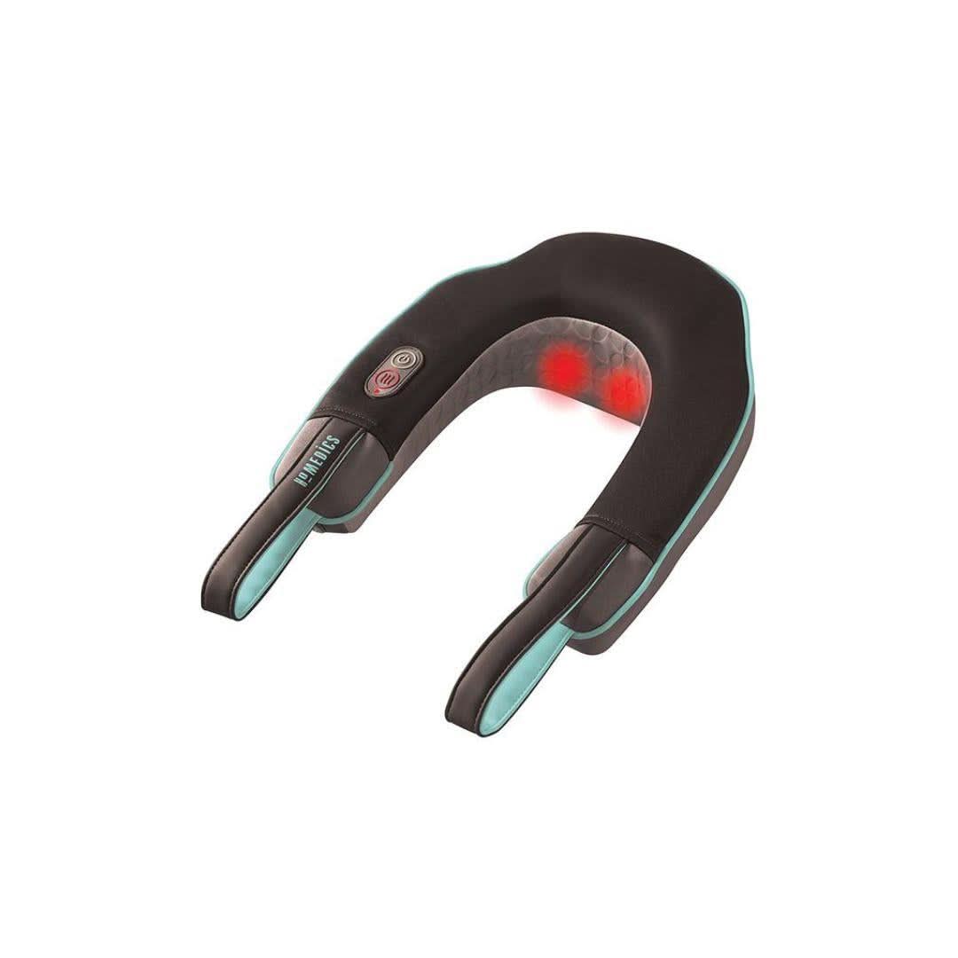 Homedics neck massager with heat in black and teal featuring ergonomic design and control buttons