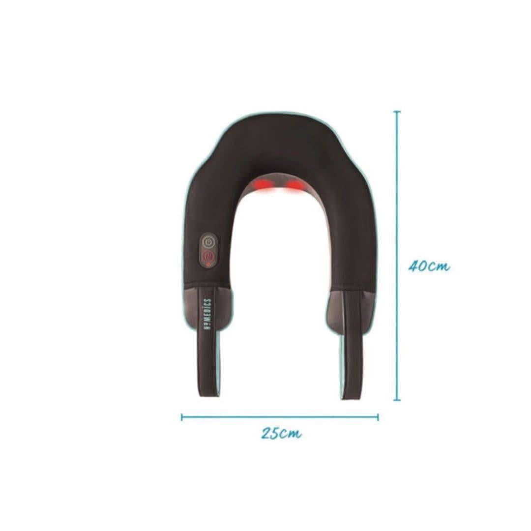 Homedics neck massager with heat in black showing size dimensions and control buttons
