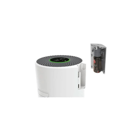 Hoover 500 air purifier white compact design showing top control panel and open filter compartment