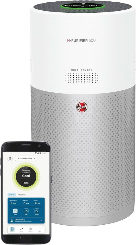 Hoover 500 air purifier in white and gray with multi sensor and smartphone app control