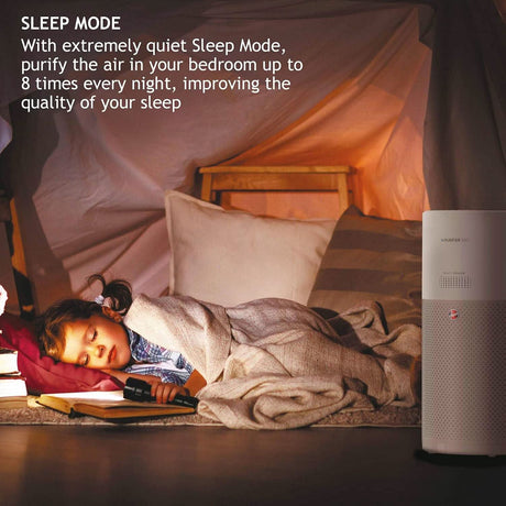 Hoover 500 air purifier in a bedroom with a child sleeping peacefully under blankets in sleep mode