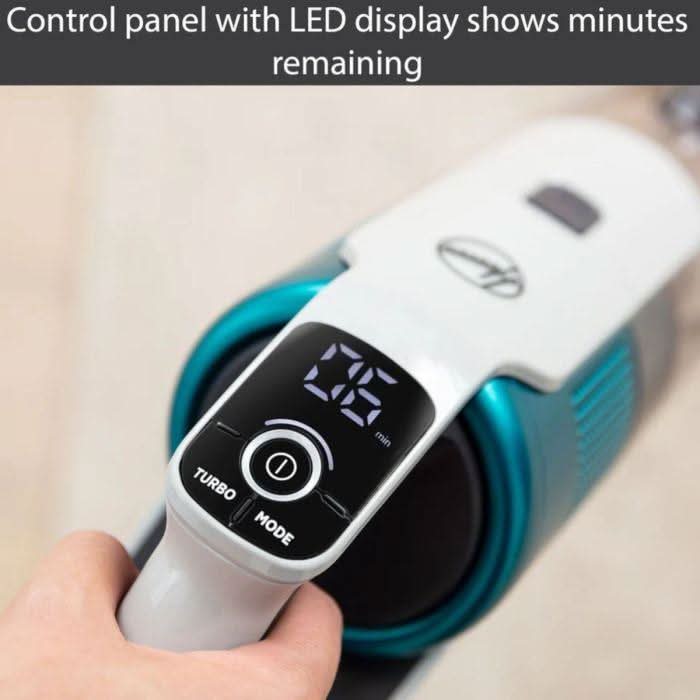 Control panel with LED display showing minutes remaining on cordless vacuum cleaner for home use