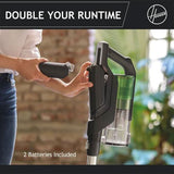 Hoover HF9 cordless vacuum cleaner showing detachable battery with two batteries included and runtime boost