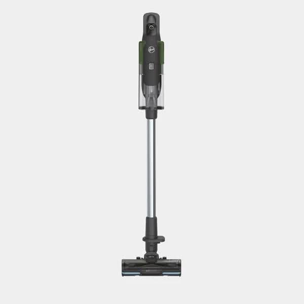 Hoover HF9 cordless vacuum cleaner in black and green with slim stick design for easy cleaning