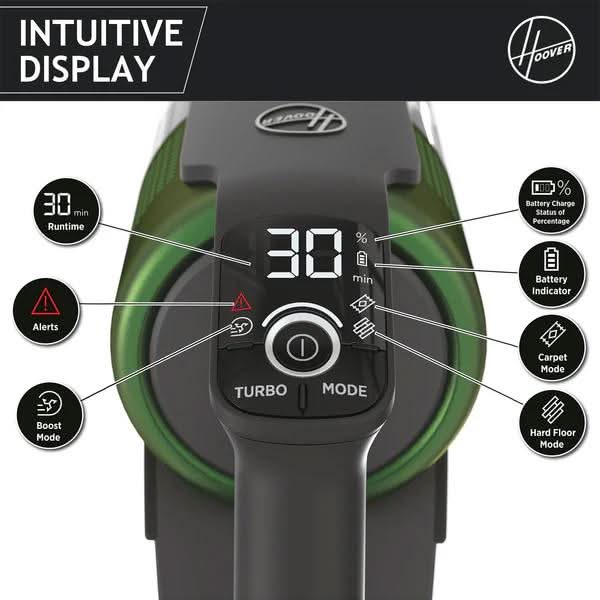 Hoover HF9 cordless vacuum cleaner with intuitive display showing battery charge, runtime, and cleaning modes