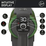 Hoover HF9 cordless vacuum cleaner with intuitive display showing battery charge, runtime, and cleaning modes