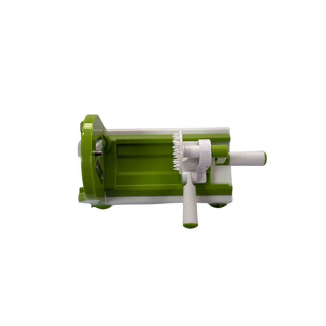 Green and white vegetable spiralizer slicer with hand crank for easy spiral vegetable cutting