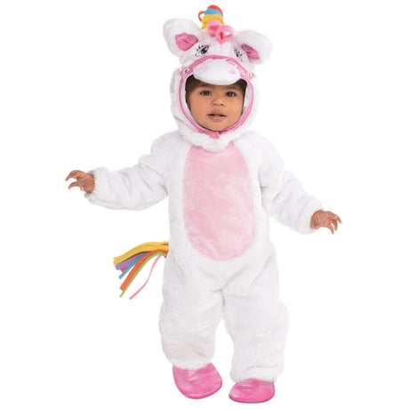 Infant wearing infant mystical pony costume with white plush fabric pink belly and colorful tail