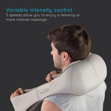 Homedics infrared neck massager with heat featuring variable intensity control and three speeds for a relaxing massage