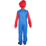 Back view of child wearing Italian plumber costume for kids with red hat and blue jumpsuit