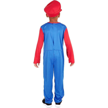Back view of child wearing Italian plumber costume for kids with red hat and blue jumpsuit