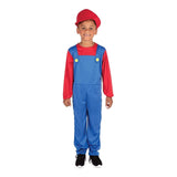 Child wearing an Italian plumber costume for kids with red shirt blue overalls and red hat