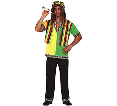 Man wearing a colorful Jamaican Rasta costume for men with striped shirt, black pants, and matching hat
