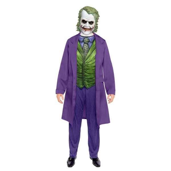 Joker movie costume for men featuring purple coat green vest and patterned pants with joker mask