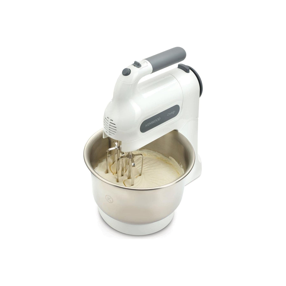 Kenwood Chefette hand mixer in white with stainless steel mixing bowl and beaters blending batter