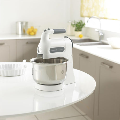 Kenwood Chefette hand mixer in white with stainless steel mixing bowl for effortless baking