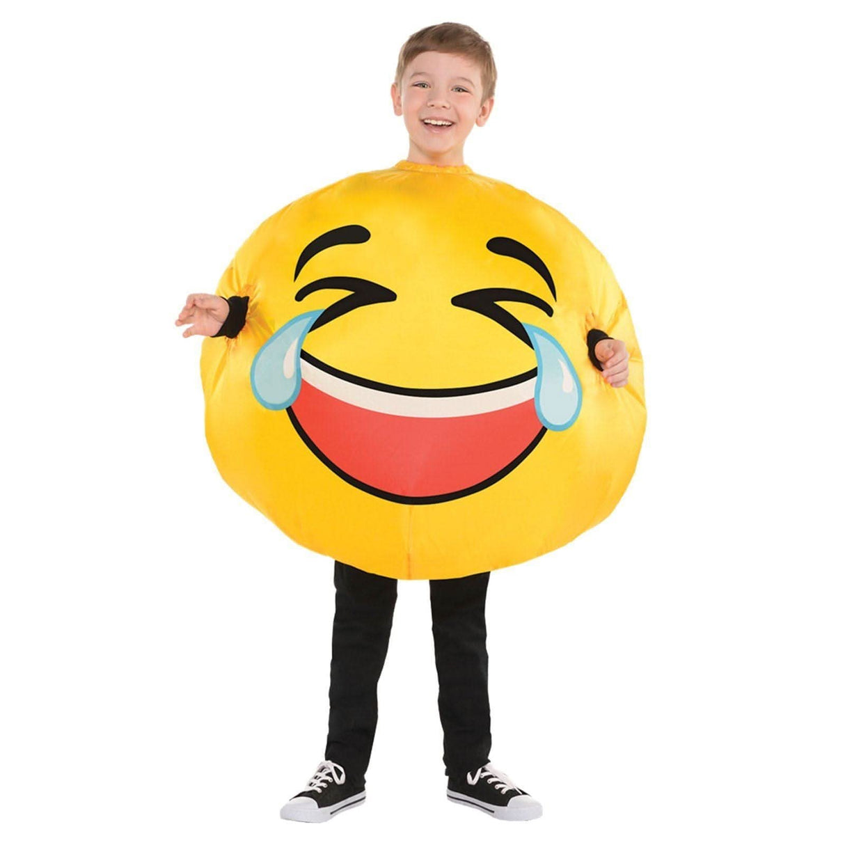 Happy child wearing a bright yellow kids emoji costume with laughing tears face design