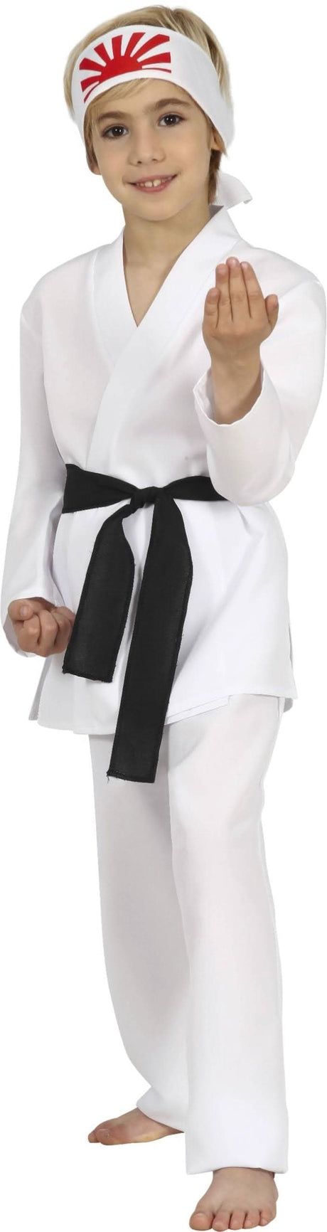 Kids Karate Costume 10-12 with white gi, black belt, and headband for martial arts practice