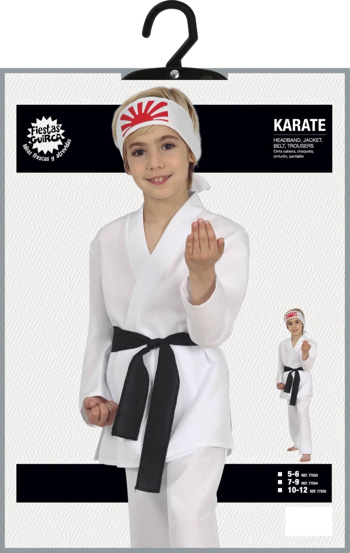 Kids Karate Costume 10-12 with white jacket black belt and headband featuring red sun design